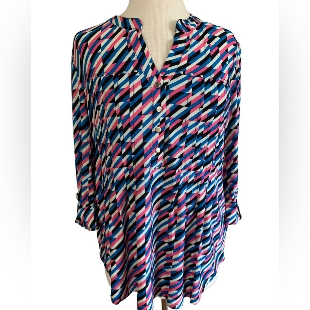 COCOMO XL Blue Pink White Studded 3/4 sleeve women's Pintuck Blouse